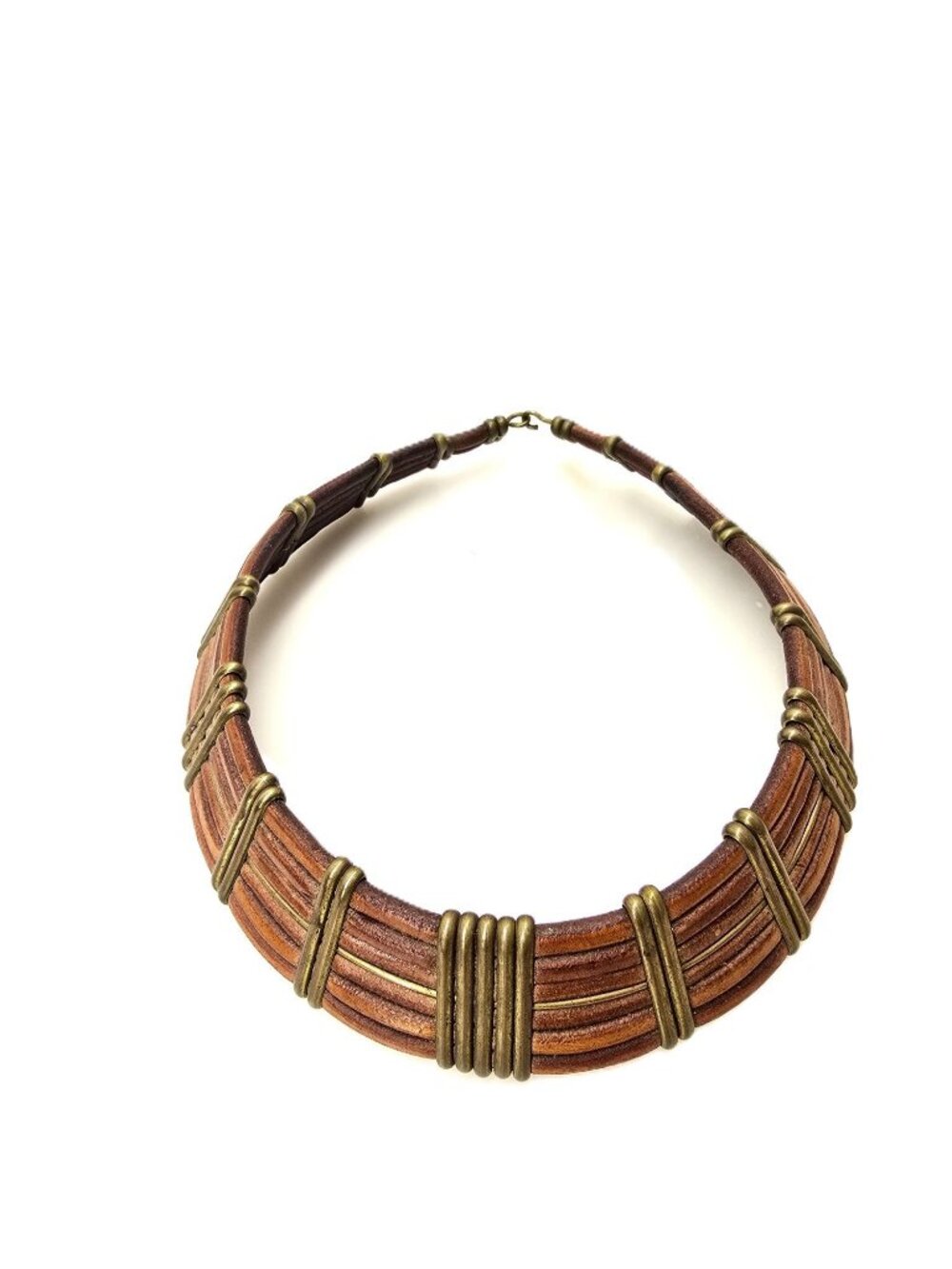 Vintage Stacked Wood Brass Hook Egyptian Bib Necklace